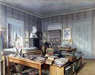 Workroom of Wilhelm Grimm in Berlin, 7 Linkstrasse. Engraving by Mr. Hoffmann. Nationalmuseum, Nuremberg. 1860