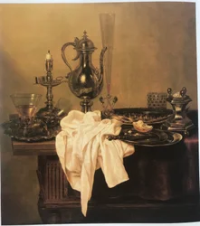 Still Life with Ewer, Platters, Candlestick, Saltcellar and Glassware on a Table