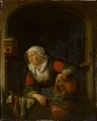An Old Woman Watering a Pot of Pinks