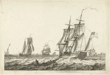 Brig and Other Ships on a Broad Waterway from Various Boats on the Waves