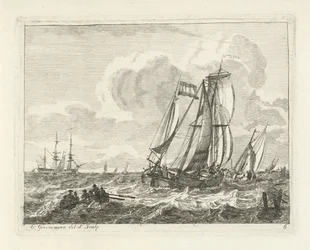 Sailing Ships and a Rowboat on Open Water