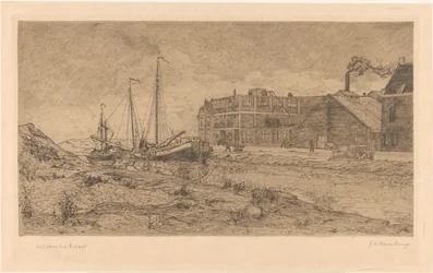 Moored barges near a factory