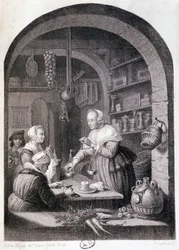 Village grocer weighing with a balance. 18th century