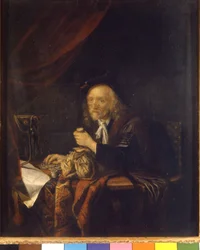 A mistrustful man counts his money by holding a purse in his hand. Painting by Gerard Dou (or Gerrit Dow) (1613-1675) 17th century Milan Museo del castello