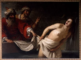 Susanna in the Bath - Painting by Gherardo delle Notti (Gerrit van Honthorst) (1590-1656), 1655, Sun., 157x213 cm, Rome, Galleria Borghese