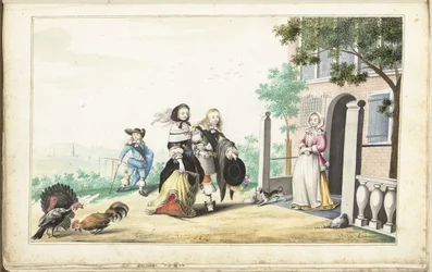 Couple Greeting a Lady at the Door of a Country House