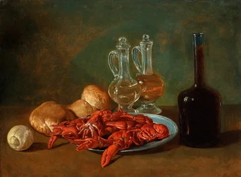 Still life with pewter plate, shrimps, a lemon, glass cruets, bread and a bottle of wine