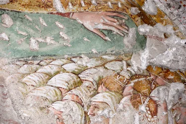 Arms of Madonna della Misericordia Covering Group of Veiled Women, Fragment of Fresco by Giacomo de Buschis Called il Borlone, Church of Santa Maria Nascente, Gromo San Marino, Lombardy, Italy