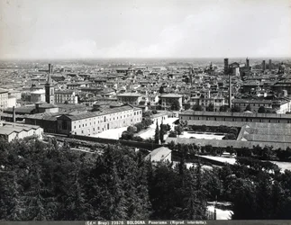 Panoramic view of Bologna with factories and a square