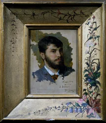 Self-portrait with painted frame with floral motif
