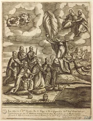 Allegory of Saint League of 1571 stipulated by Pope Pius V, Philip of Spain and Doge of Venice Alvise Mocenigo, engraving by Giacomo Franco