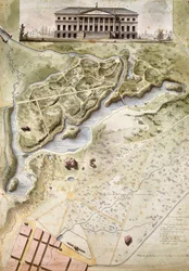 Peterhof, Russia: Elevation of the English Palace and Plan of the Park