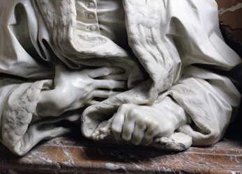 Bust of Gabrielle Fonseca, doctor of Pope Innocent X, detail of hands clutching robe, from the Fonseca Chapel, marble detail of 96874