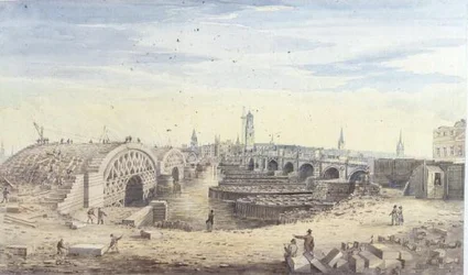 Construction of the new London Bridge alongside the old London Bridge