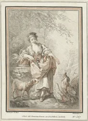 Young Woman with Dog and Rooster and Hen