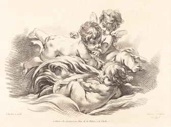 Three Cherubs Playing on Dolphin Like Wave