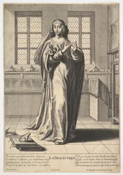 Dialectic: a young woman standing in a decorated interior and touching her right index