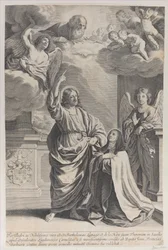 Saint Theresa praying alongside Christ, who points upwards to God the Father