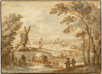 Landscape with Windmills Before a Town, with Walkers and Covered Wagon in the Foreground