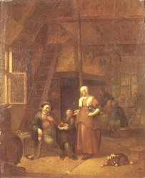 The Interior of an Inn with a Man Paying a Serving Woman