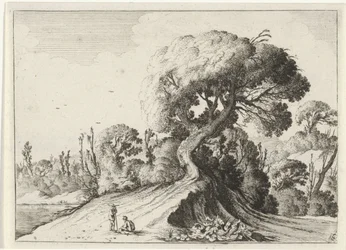 Two Men in Front of a Large Tree, Seven Landscapes