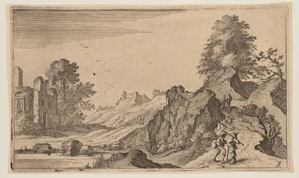 Pedestrians on a Path by Rocks, Ruins Beyond Water at Left, from Twelve Landscapes