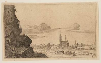Two Men Climbing Rocks up to Ruins, from Twelve Landscapes