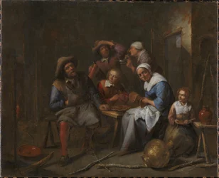 An Interior with Artisans and Peasants Eating and Drinking
