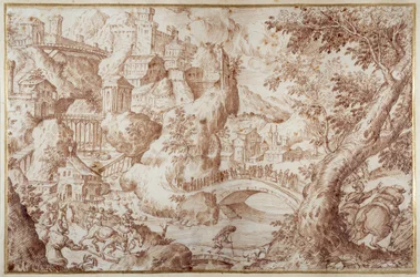 Fantastic Mountainous Landscape with Bridges Spanning Ravines, a City and Travellers