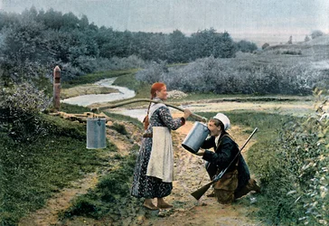 A hunter takes a drink from a young woman, Russia