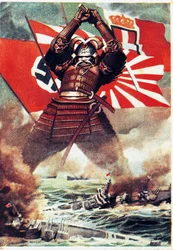 Japanese samurai sinking the American fleet at Pearl Harbor (7 December 1941), poster by Gino Boccasile (1901-1952), World War II, Italy, 20th century