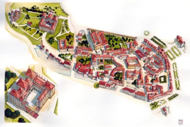 Aerial view of the city of Guimaraes: on the left the castle and monastery built in the 11th century. Portugal. Illustration by Giorgio Albertini.