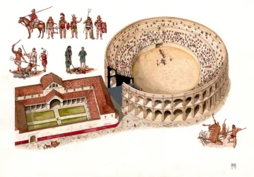 Ancient Rome: Reconstitution of the Amphitheatre Site of Amiternum. Illustration by Giorgio Albertini