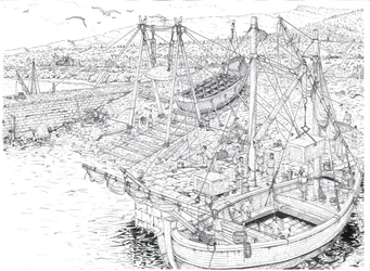 Antiquity: the transport by ship of marble probably from the quarries of Carrara. 2nd century AD Italy. Illustration by Giorgio Albertini.