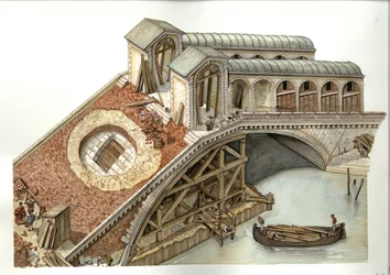 Architecture: Construction Site of the Rialto Bridge 1588-1591, Venice, Italy. Illustration by Giorgio Albertini