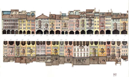 Architecture: view of Via dei Portici, covered gallery with portico, Bolzano, Italy. Illustration by Giorgio Albertini.