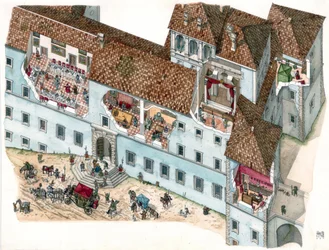 Baroque art: view and architectural section of the Chigi Palace in Ariccia, Lazio, in the 17th century. The interior of the family rooms and the dependencies of the servants are visible. Italy