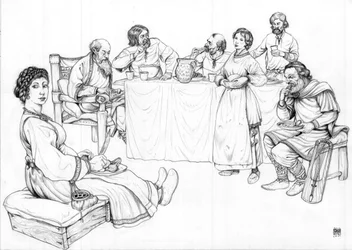 Daily life Middle Ages: a meal with the Lombards, group of men at table and served by two women, 7th century.
