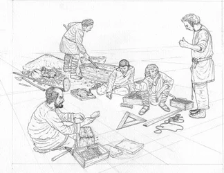 Middle Ages: Mosaic craftsmen working at the construction sites of Byzantine churches in Ravenna, 6th century.