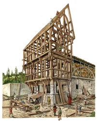 Middle Ages: Construction Site in Northern France, 14th Century, Carpenters Working on a Barn, Illustration by Giorgio Albertini