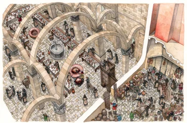 Middle Ages: a refectory and a kitchen in a monastery. Religious work to prepare community meals. 12th or 13th century