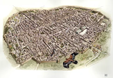 Middle Ages: aerial view of Damascus, Syria, when it was part of the Ottoman Empire.