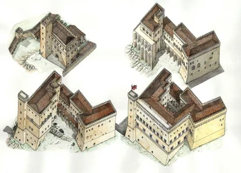 Middle Ages: aerial view of the construction phases of the Vatican Palace between the 12th and 15th century, Rome, Italy.