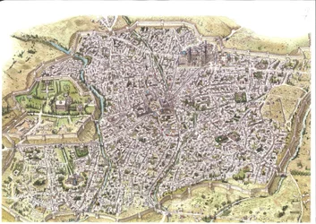 Middle Ages: detailed aerial view of Samarkand, Uzbekistan, during the Mongolian Chaybanid dynasty, around 1450. Illustration by Giorgio Albertini.