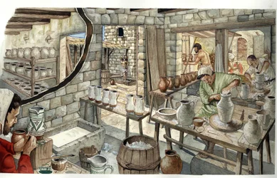 Middle Ages: representation of a ceramics and pottery workshop in the 14th century.