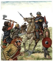Middle Ages: scene of the Battle of Roncesvaux, 778, Spanish Basque Country. Franc rider of Charlemagne