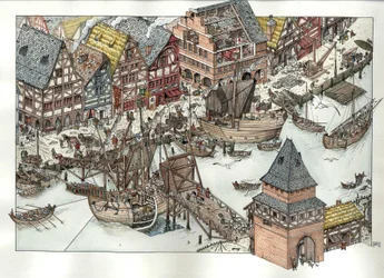 Middle Ages: View of Commercial Activities Around the Port in Lübeck, 14th Century, Germany