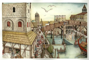 Middle Ages: view of the Rialto Bridge in the 11th century and activities in Venice, Italy.