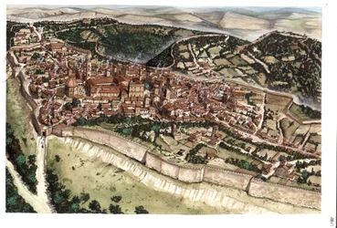 Middle Ages: view of the medieval town of Volterra, surrounded by ramparts, 14th century, Tuscany, Italy. Illustration by Giorgio Albertini.