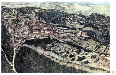 Middle Ages: view of the medieval town of Volterra, surrounded by ramparts, 10th century, Tuscany, Italy. Illustration by Giorgio Albertini.